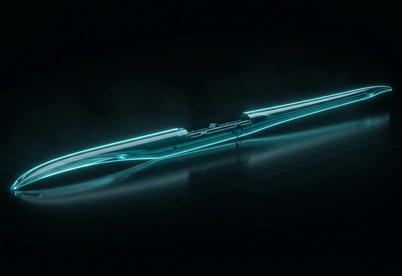 T8 fuselage, whole body in three-quarter view drawn as clear cyan glass on a glossy near-black floor with a faint grid and its own reflection: a long nose that bows upward, the pocket and its rails behind it, tapering to the tail