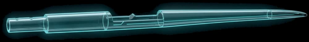 REVSTAR FU1000 fuselage seen from the side, drawn as a lit translucent body: the flat-sided OX stub with holes on top, a long collar sleeve, the pocket, a very long taper to the tail
