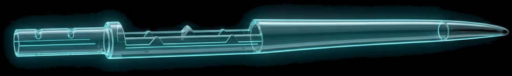REVSTAR FU600 fuselage seen from the side, drawn as a lit translucent body: the flat-sided OX stub with holes on top, a short collar, the pocket, a taper to the tail