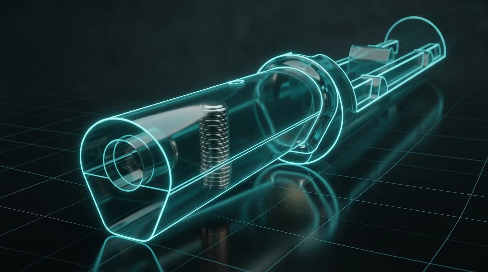 Close-up of a REVSTAR fuselage front end on a dark gridded floor, drawn as clear glass so the round mast bore, the threaded clamp bolt standing in it, the collar ring and the flat frontwing rails all read through the body