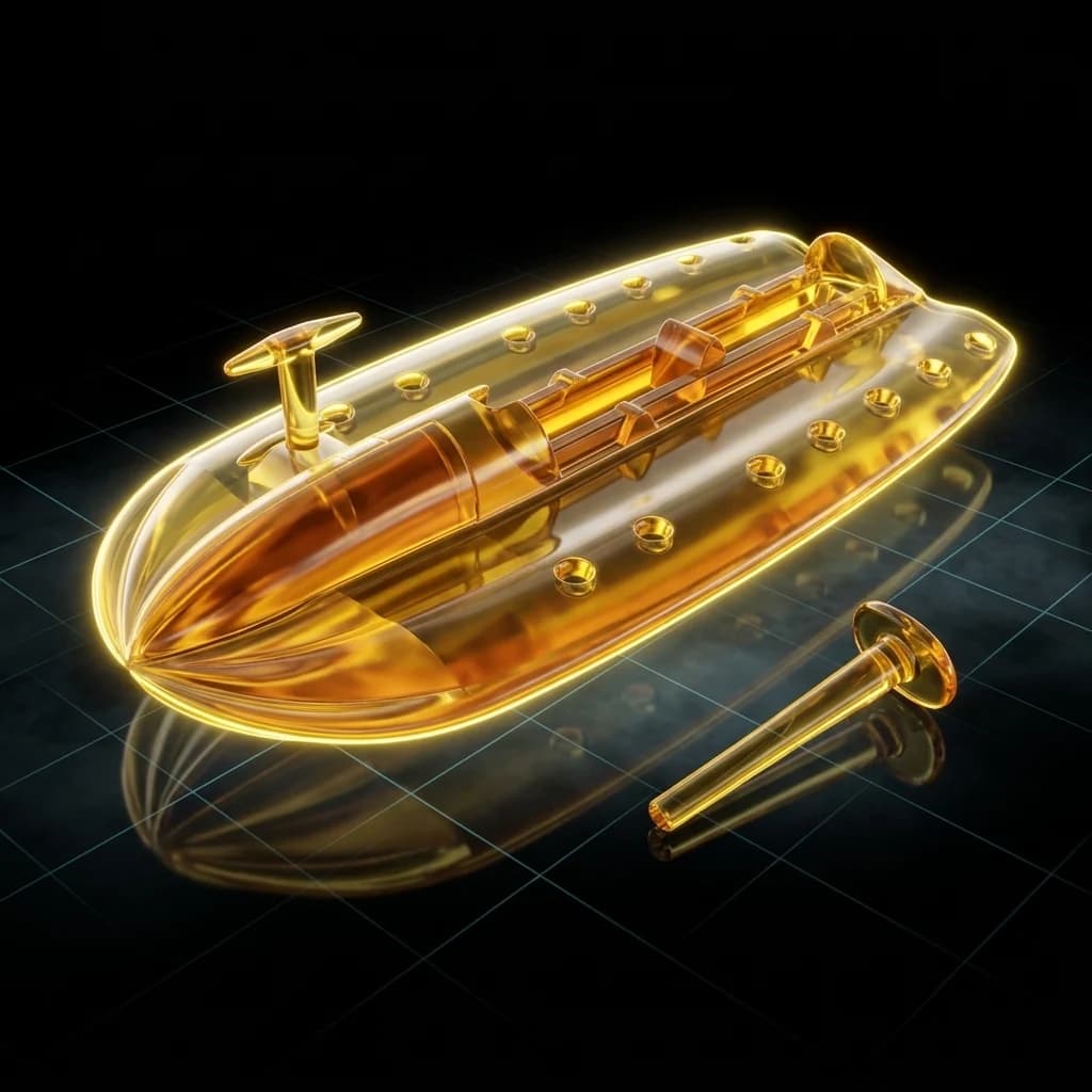 OX Base Lock Short, the box that goes inside the board, from a low three-quarter angle: a long hull-shaped plate with a central pocket, a lock pin at the bow and two rows of countersunk screw holes, with its loose lock pin beside it, drawn as lit yellow glass