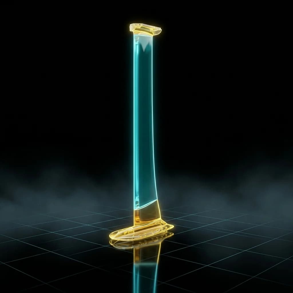 REVSTAR-MTC mast standing locked into the OX Base Lock Short, seen from a low three-quarter angle, the blade in cyan glass and the foot and base in yellow glass, on a dark reflective floor