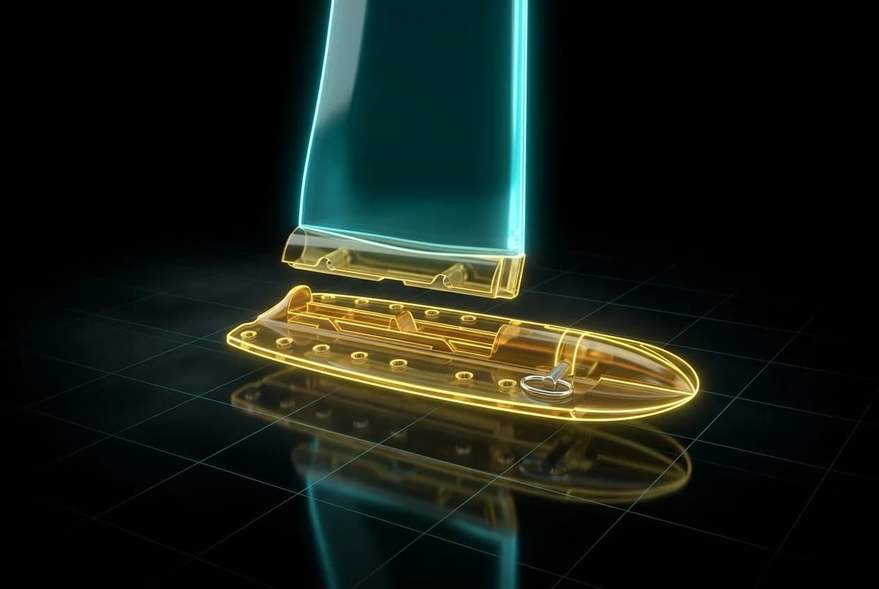 REVSTAR-MTC Twin Connection exploded: the mast foot, a wide plate with a raised lock block, hovering above the OX Base Lock Short — a long hull-shaped box that goes inside the board, with a central pocket and two rows of screws — the connection in yellow glass and the blade in cyan, on a dark reflective floor