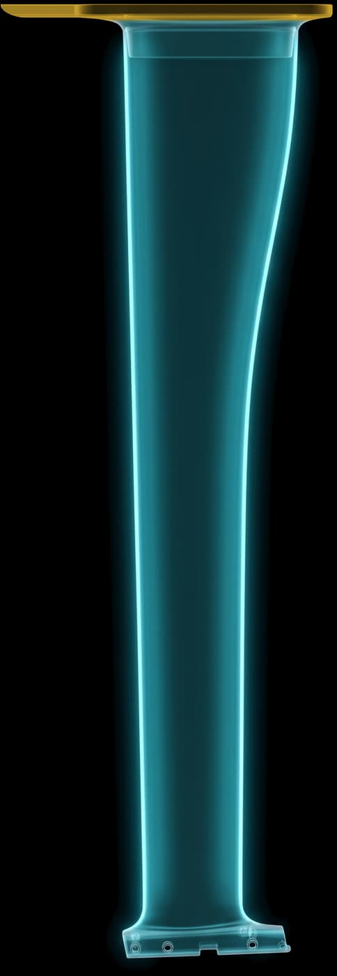 REVSTAR-MTC mast in front elevation: the MX blade in cyan glass with the Twin Connection on top in yellow, a flat plate with a long rounded nose forward, down to the two-hole head that snaps into the fuselage
