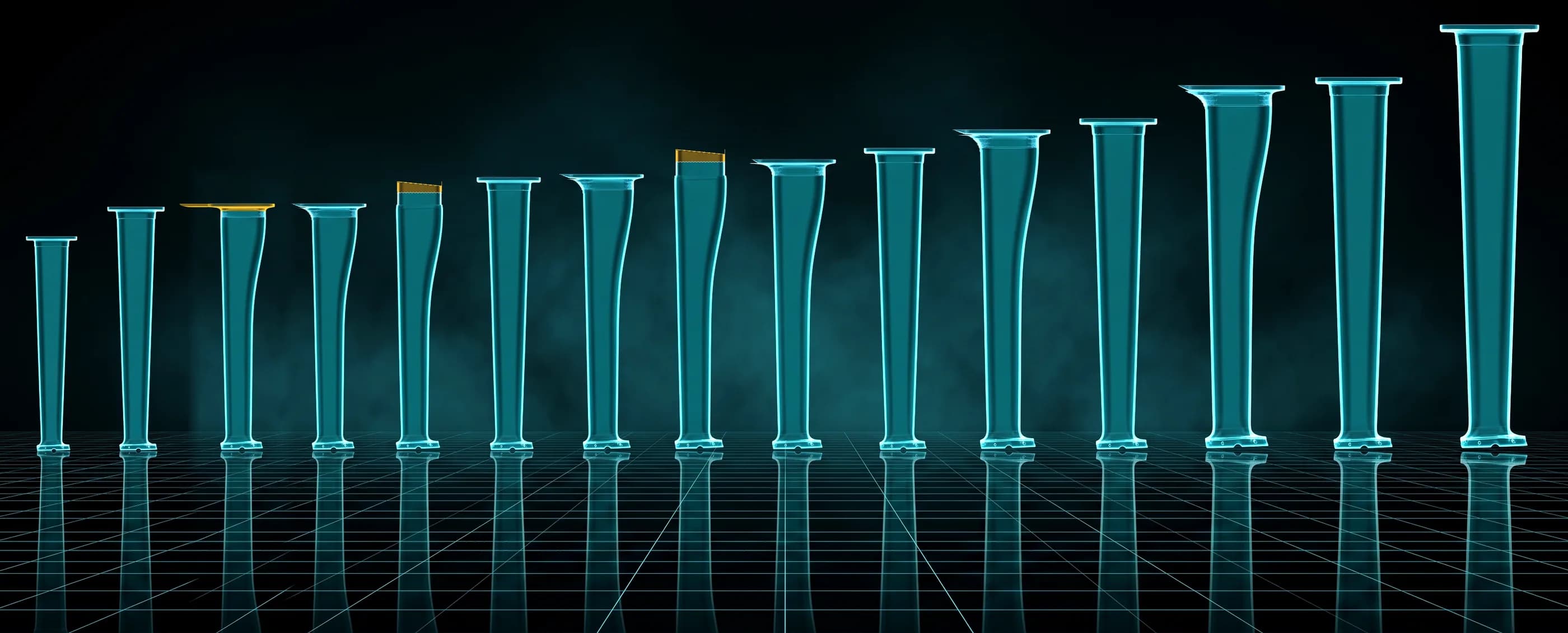 All fifteen REVSTAR masts standing in a row on a dark gridded showroom floor, from the 74 cm on the left to the 146 cm on the right: the M masts straight-tapered, the MX masts with a curved blade, two MX masts standing taller on their notched tuttle boxes and the MTC with its Twin Connection plate in yellow, each drawn as a lit translucent blade with its reflection beneath it