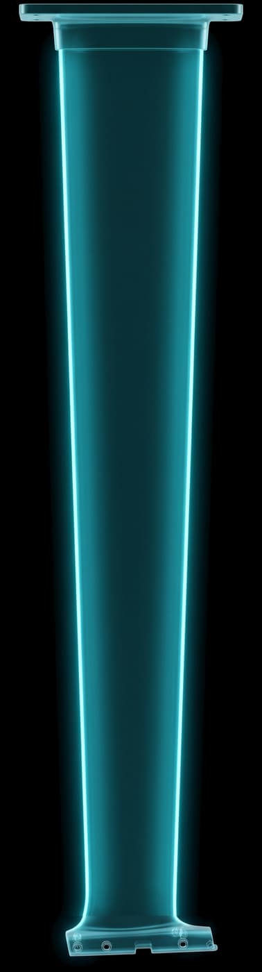 REVSTAR-M mast in side elevation, drawn as a lit translucent blade tapering from the mounting plate down to the two-hole fuselage head