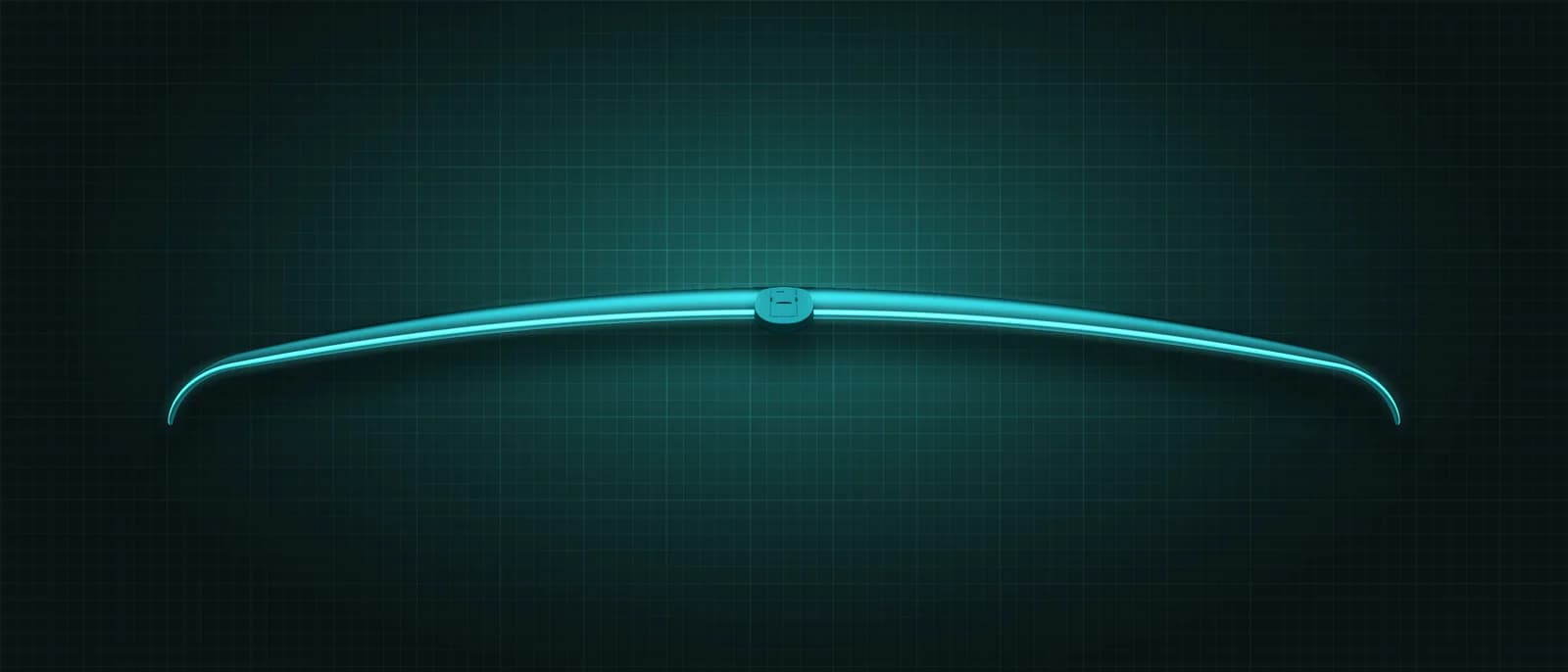 REVSTAR stabilizer drawn as a solid teal form, its leading edge lit in cyan, above a dark grid floor, seen head-on from the leading edge — its thin span edge-on, showing how far the tips droop, with the mount at the centre