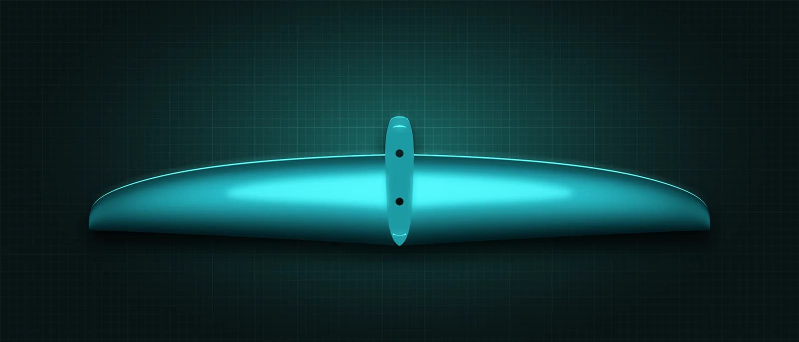 REVSTAR stabilizer drawn as a solid teal form, its leading edge lit in cyan, above a dark grid floor, seen from straight above — its mount and two bolt holes running across the root