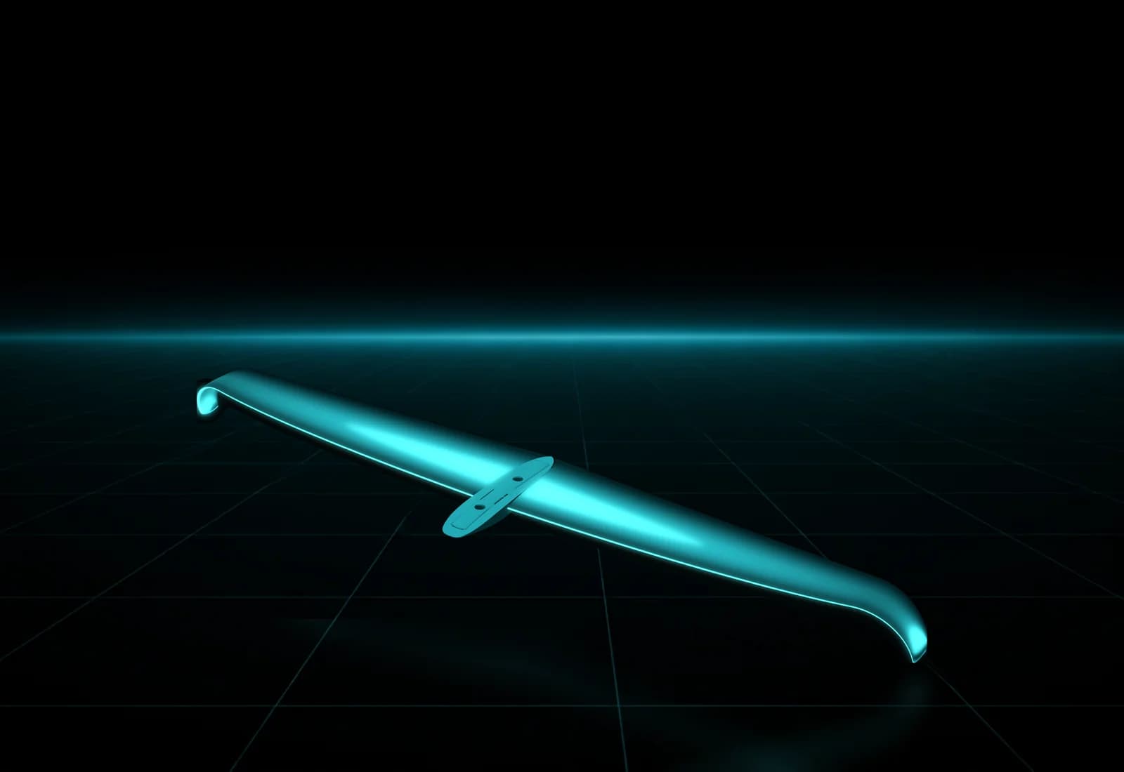 REVSTAR stabilizer drawn as a solid teal form, its leading edge lit in cyan, above a dark grid floor, seen from above and to one side with a winglet turned down at each tip and its mount and two bolt holes at the root