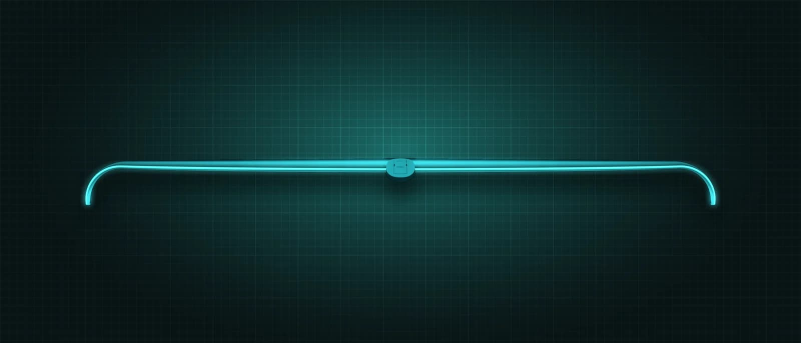 REVSTAR stabilizer drawn as a solid teal form, its leading edge lit in cyan, above a dark grid floor, seen head-on from the leading edge — a straight span with a winglet turned down at each tip and the mount at the centre