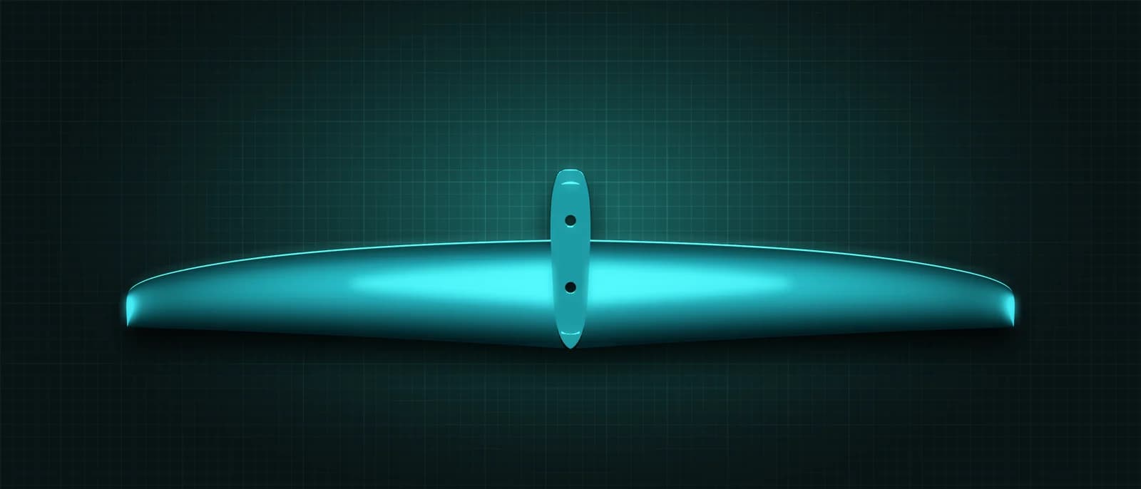 REVSTAR stabilizer drawn as a solid teal form, its leading edge lit in cyan, above a dark grid floor, seen from straight above — a winglet turned down at each tip, its mount and two bolt holes running across the root