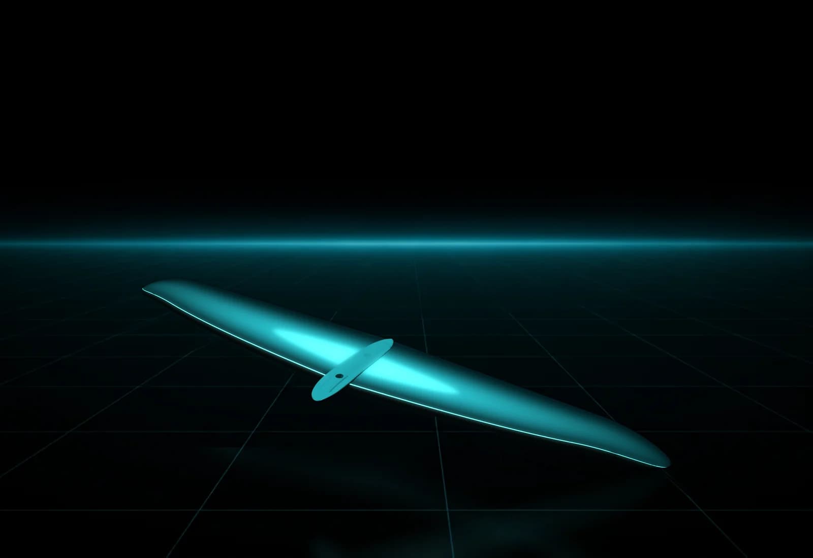 REVSTAR stabilizer drawn as a solid teal form, its leading edge lit in cyan, above a dark grid floor, seen from above and to one side with its mount and two bolt holes at the root and its reflection below