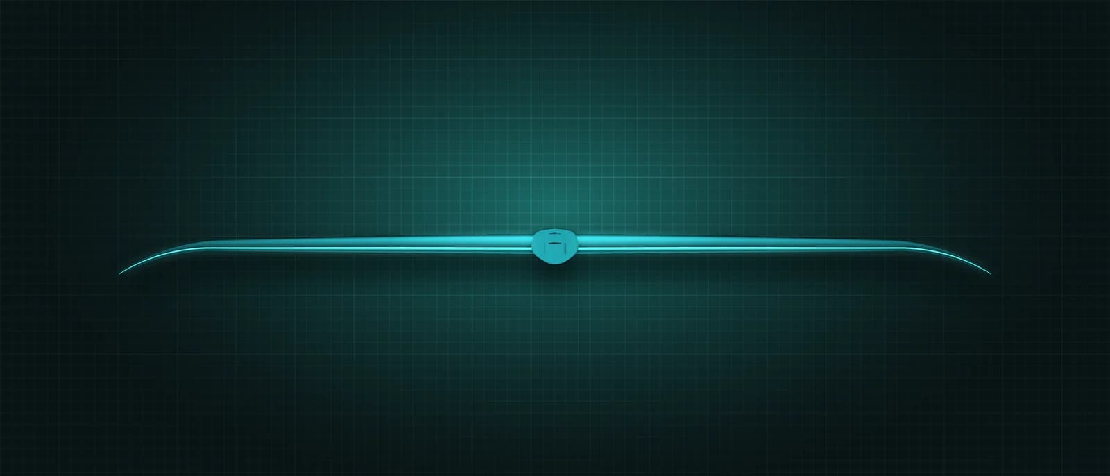 REVSTAR stabilizer drawn as a solid teal form, its leading edge lit in cyan, above a dark grid floor, seen head-on from the leading edge — its thin span edge-on, showing how far the tips droop, with the mount at the centre