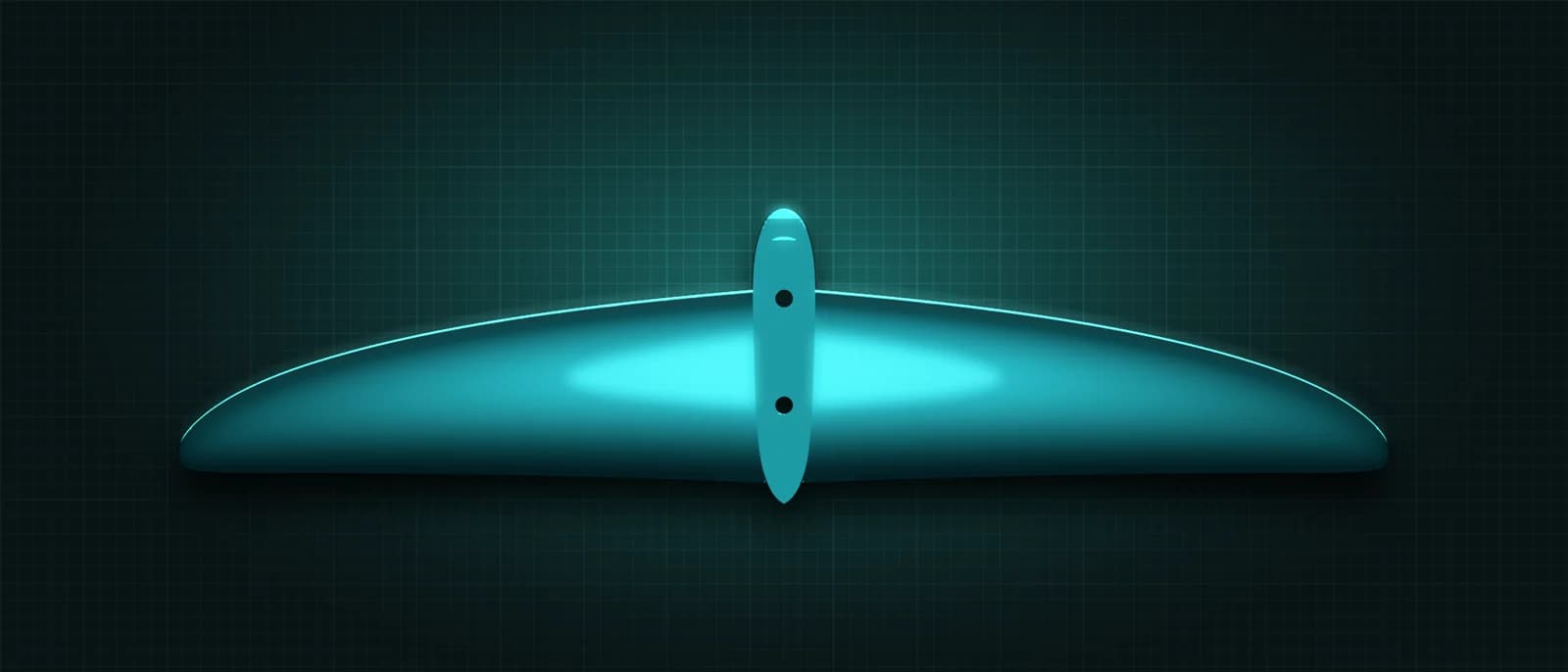 REVSTAR stabilizer drawn as a solid teal form, its leading edge lit in cyan, above a dark grid floor, seen from straight above — its mount and two bolt holes running across the root