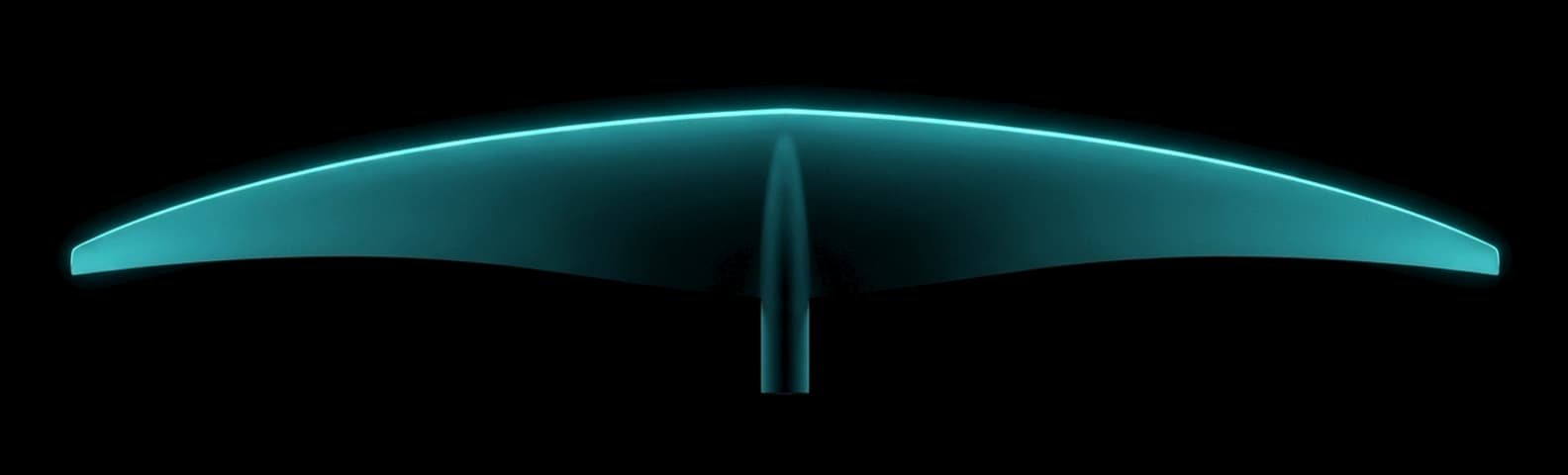 REVSTAR-Z 999-750 front wing seen from above — swept leading edge lit in cyan, swept rounded tips, 999 mm span, 750 cm².