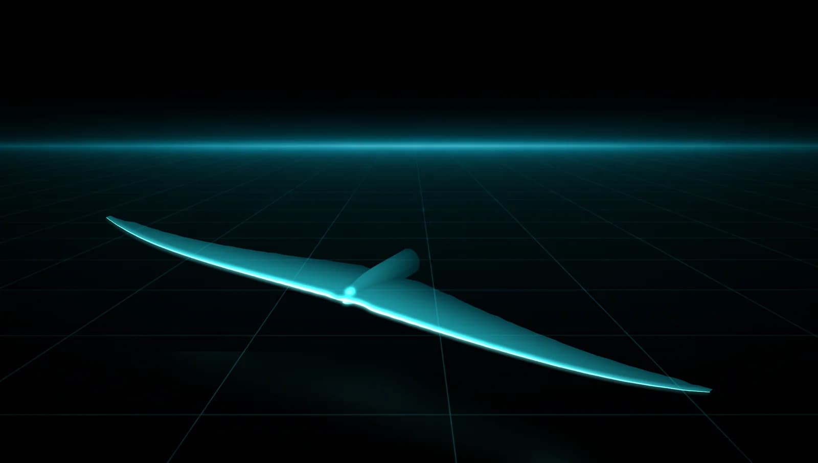 REVSTAR frontwing with a deeply swept, narrow-tipped planform, its leading edge glowing cyan, above a dark grid floor, seen from above and to one side with its reflection under it