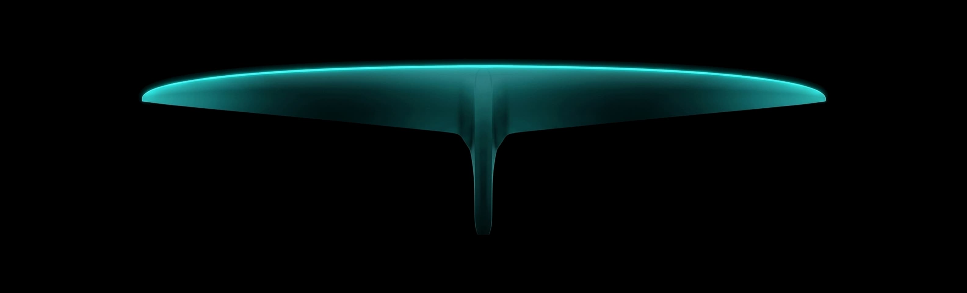 REVSTAR-X 1550 front wing seen from above — swept leading edge lit in cyan, fine tapered tips, 1550 mm span.