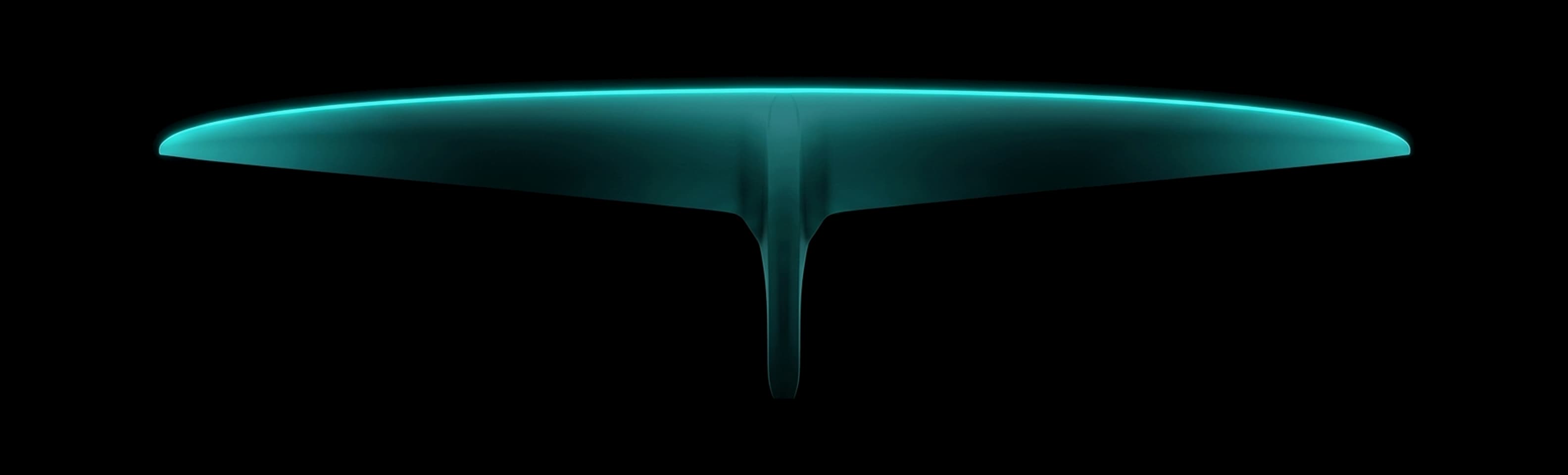 REVSTAR-X 1750 front wing seen from above — swept leading edge lit in cyan, fine tapered tips, 1750 mm span.