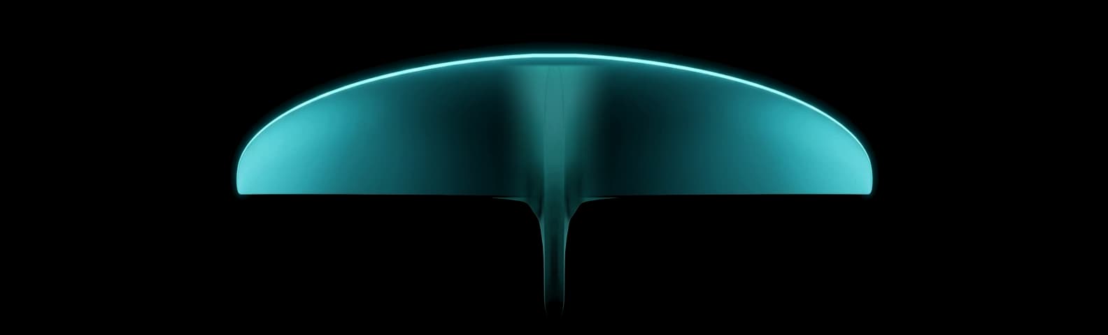 REVSTAR-A 630-560 front wing seen from above — swept leading edge lit in cyan, blunt rounded tips, 630 mm span, 560 cm².