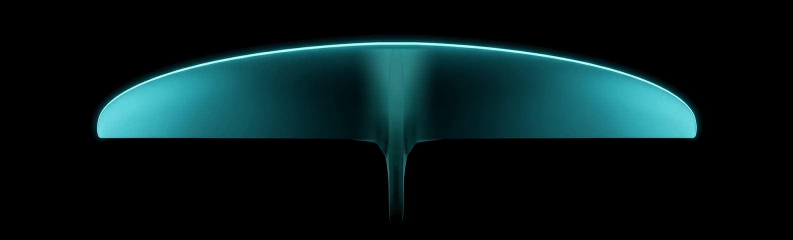 REVSTAR-A 830-700 front wing seen from above — swept leading edge lit in cyan, blunt rounded tips, 830 mm span, 700 cm².
