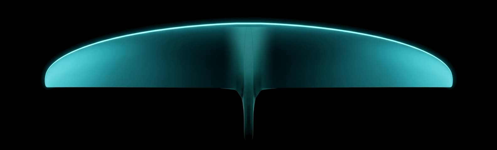 REVSTAR-A 901-820 front wing seen from above — swept leading edge lit in cyan, blunt rounded tips, 901 mm span, 820 cm².