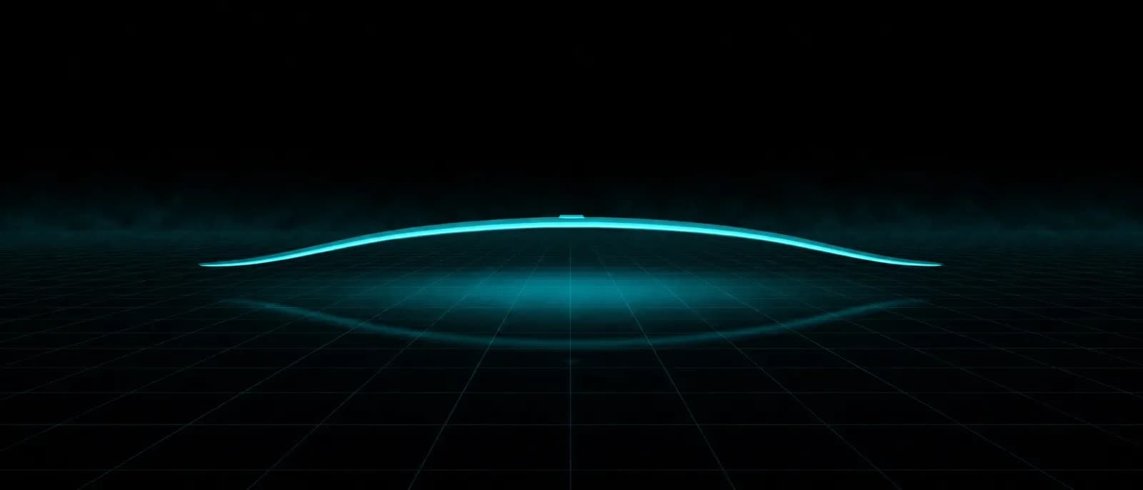 REVSTAR frontwing seen head-on as a lit cyan line above a dark grid floor — a shallow anhedral arc, centre carrying high and both tips swept down