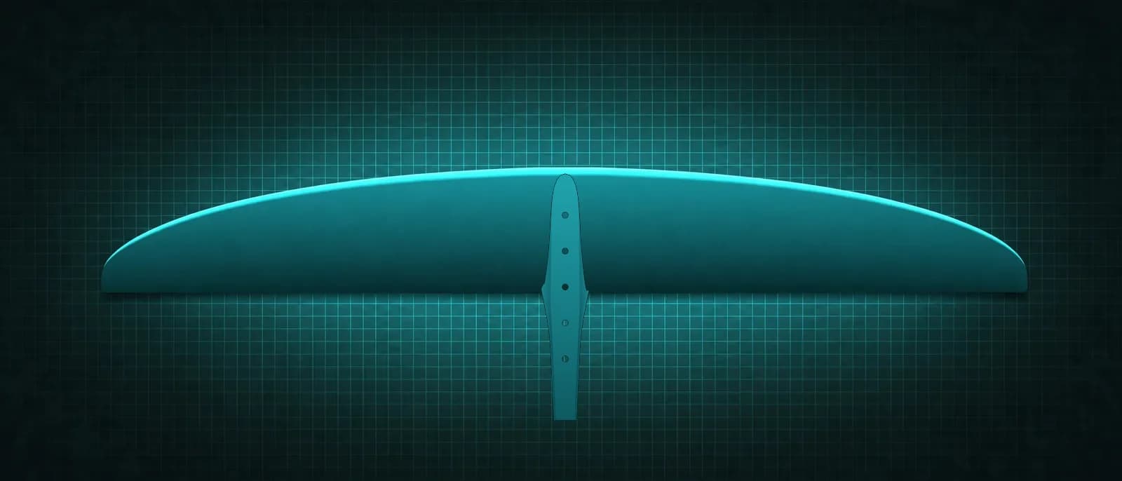 REVSTAR frontwing drawn as a lit translucent form, its swept leading edge glowing cyan, above a dark grid floor, planform seen from straight above with the T8 bolt tongue and its row of holes at the centre