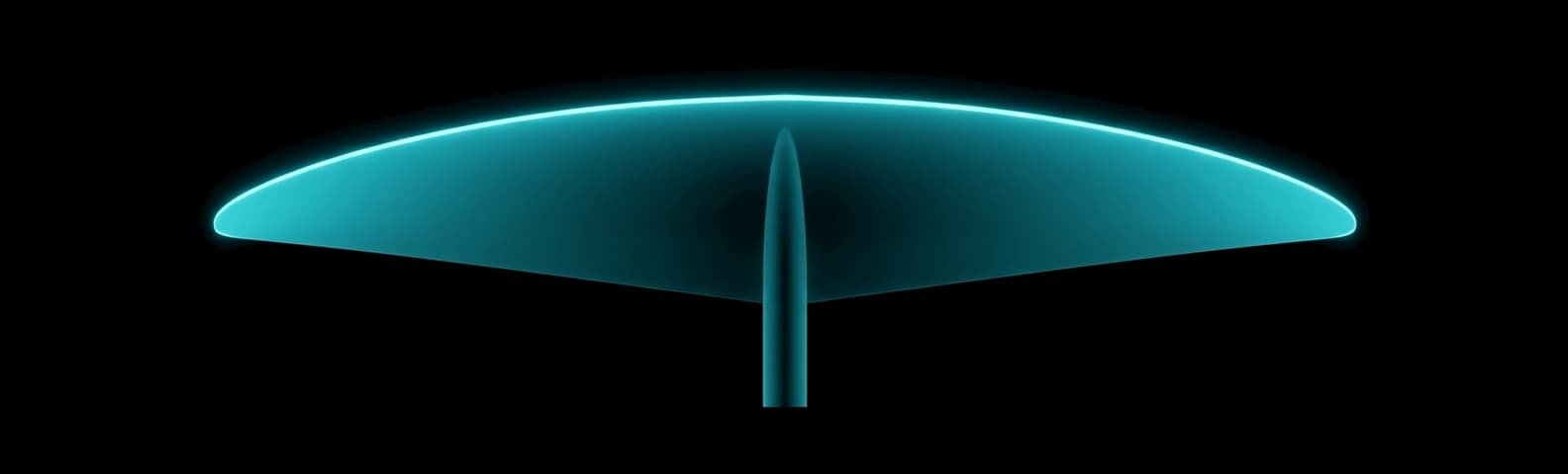 REVSTAR-Z 800-595 front wing seen from above — swept leading edge lit in cyan, swept rounded tips, 800 mm span, 595 cm².