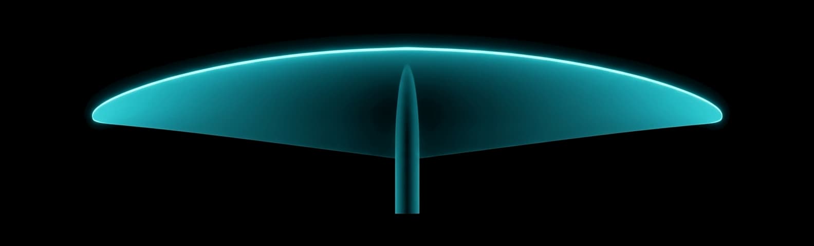 REVSTAR-Z 850-650 front wing seen from above — swept leading edge lit in cyan, swept rounded tips, 850 mm span, 650 cm².