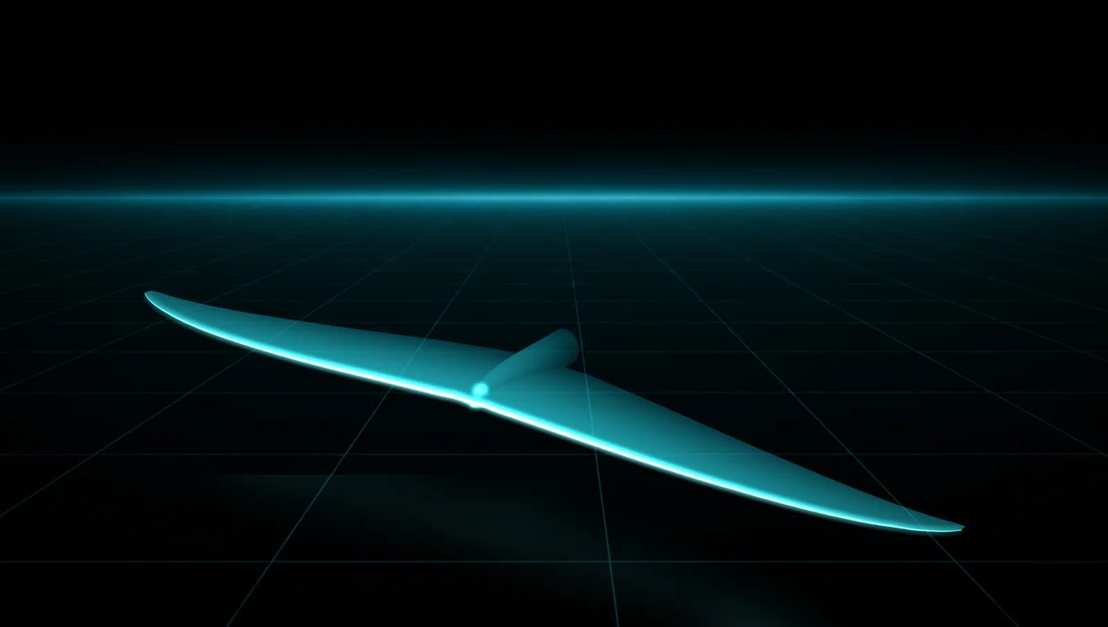 REVSTAR frontwing with a broad swept root and rounded tips, its leading edge glowing cyan, above a dark grid floor, seen from above and to one side with its reflection under it