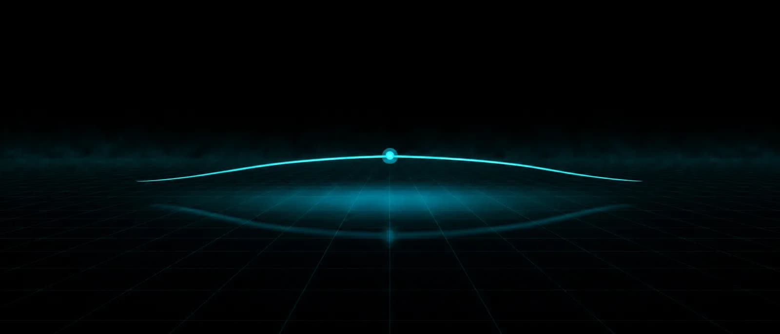 REVSTAR frontwing seen head-on as a thin lit cyan line above a dark grid floor — a gentle anhedral arc, centre high at the pod and both tips swept down