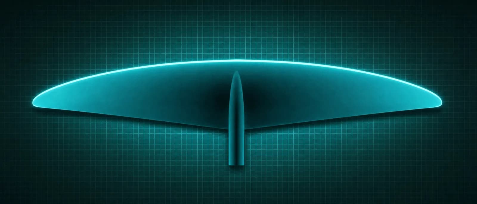 REVSTAR frontwing with a broad swept root and rounded tips, its leading edge glowing cyan, above a dark grid floor, planform seen from straight above, the trailing edge meeting in a shallow V at the fuselage pod