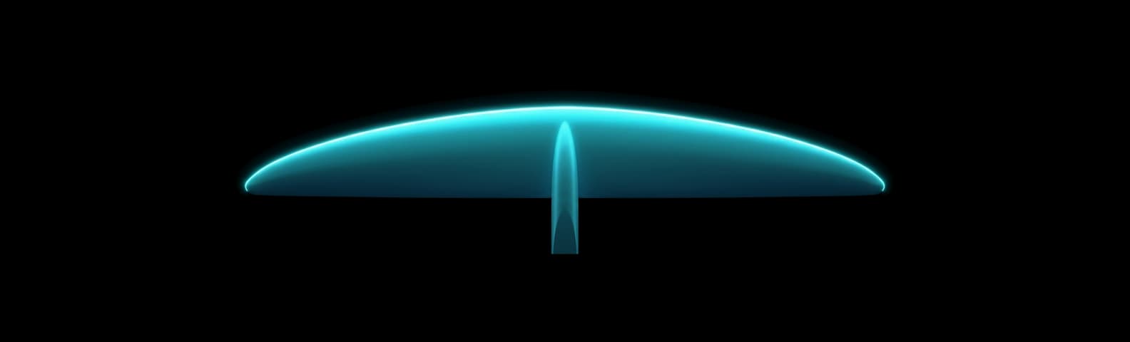 REVSTAR-X 621-385 front wing seen from above — swept leading edge lit in cyan, small rounded tips, 621 mm span, 385 cm².