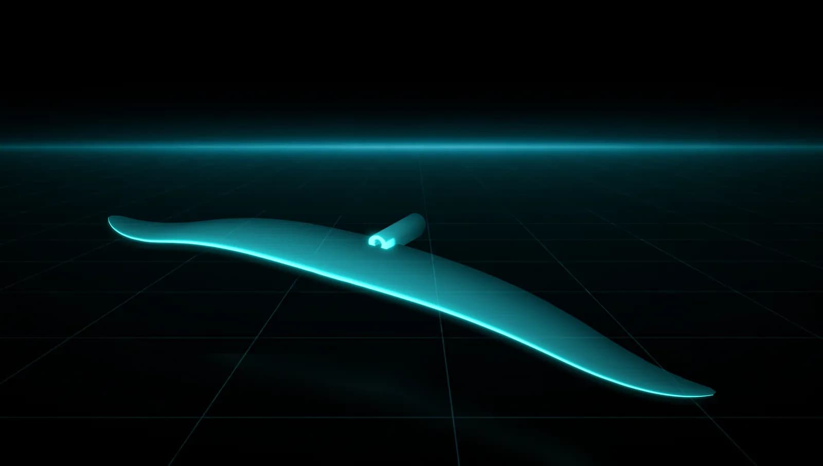 REVSTAR frontwing with a slender planform, an arched leading edge and small rounded tips, its leading edge glowing cyan, above a dark grid floor, seen from above and to one side with its reflection under it