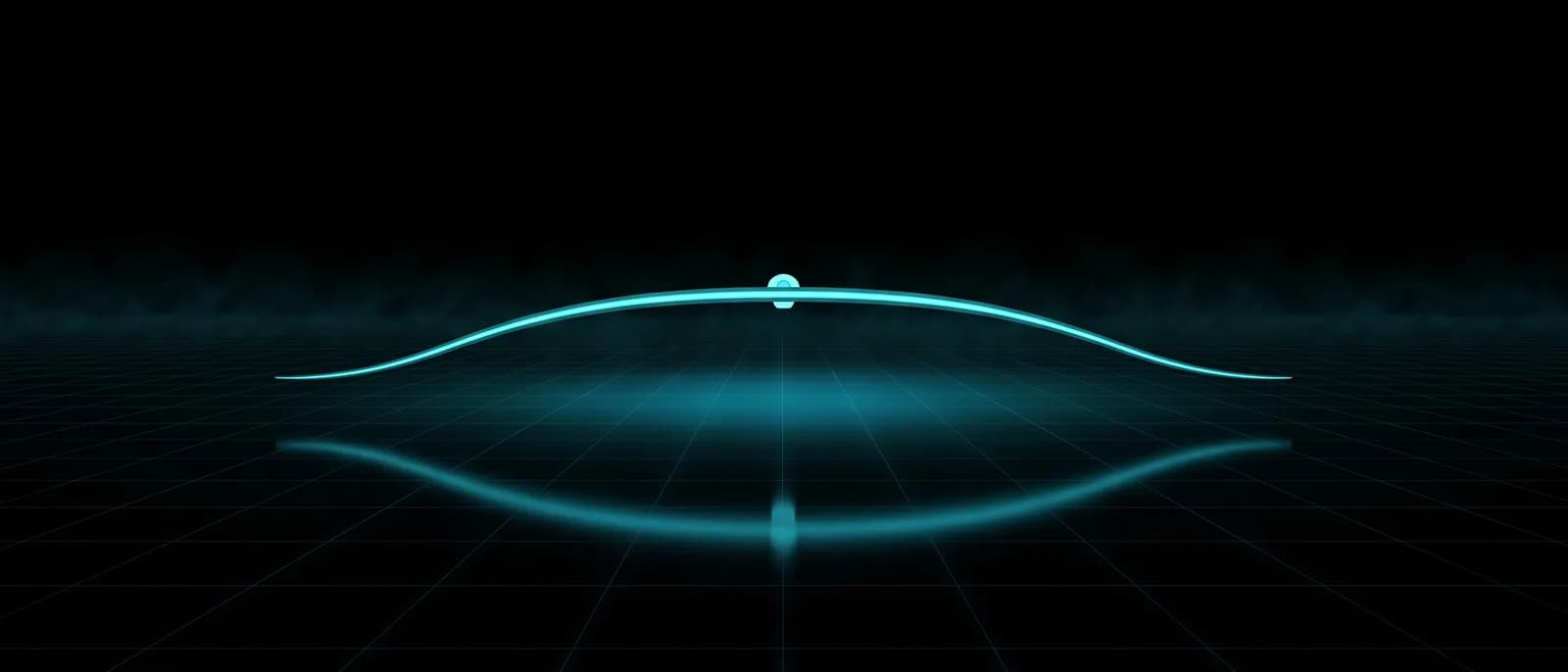 REVSTAR frontwing seen head-on as a thin lit cyan line above a dark grid floor — a gull curve, centre high at the pod, sweeping down and flattening toward both tips