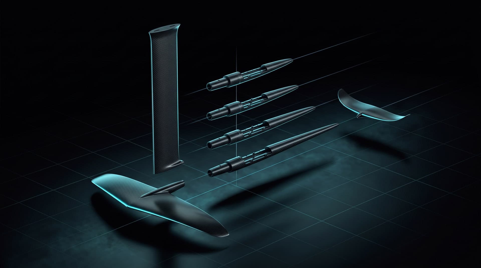 Technical render of a modular hydrofoil system on a dark cyan grid: one frontwing, one mast and one stabilizer, with four fuselage bodies of increasing length stacked between them as interchangeable options for the same setup