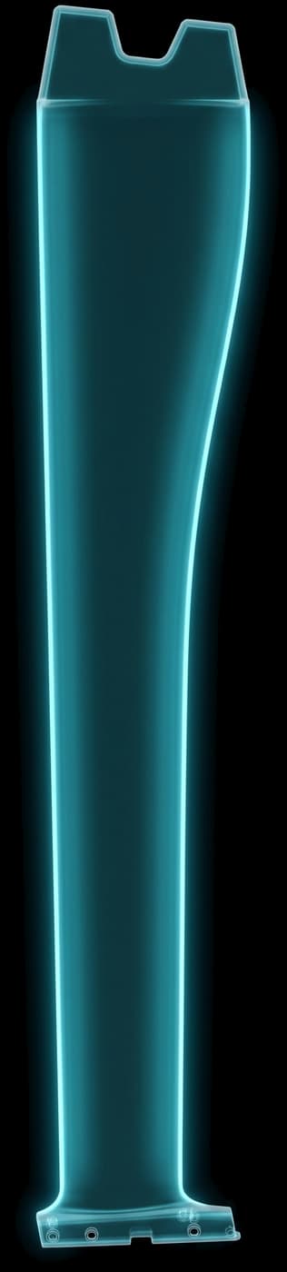 REVSTAR-MX mast in front elevation with a tuttle head, the squared block notched across its top face, drawn as a lit translucent blade