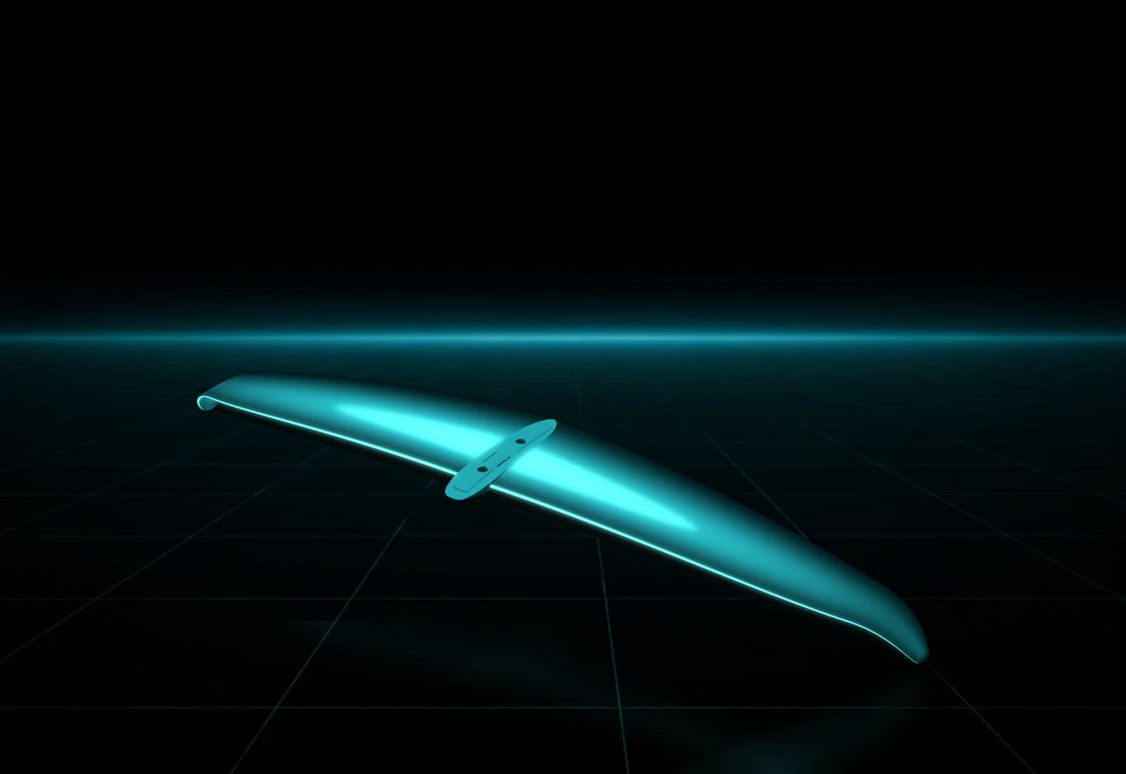 REVSTAR stabilizer drawn as a solid teal form, its leading edge lit in cyan, above a dark grid floor, seen from above and to one side with its mount and two bolt holes at the root and its reflection below