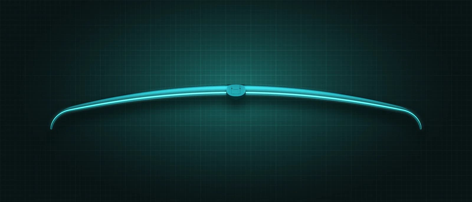 REVSTAR stabilizer drawn as a solid teal form, its leading edge lit in cyan, above a dark grid floor, seen head-on from the leading edge — its thin span edge-on, showing how far the tips droop, with the mount at the centre