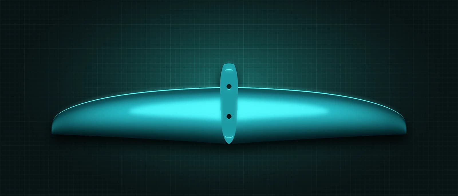 REVSTAR stabilizer drawn as a solid teal form, its leading edge lit in cyan, above a dark grid floor, seen from straight above — its mount and two bolt holes running across the root