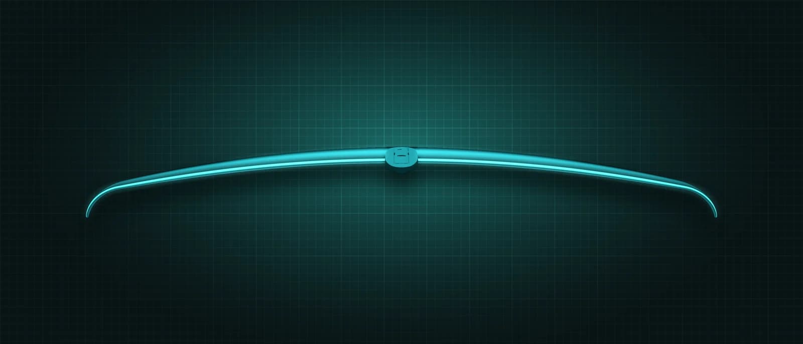 REVSTAR stabilizer drawn as a solid teal form, its leading edge lit in cyan, above a dark grid floor, seen head-on from the leading edge — its thin span edge-on, showing how far the tips droop, with the mount at the centre