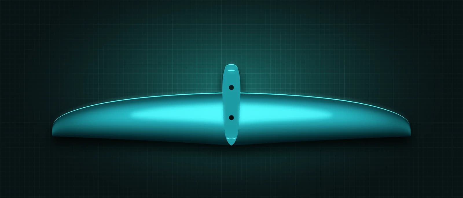 REVSTAR stabilizer drawn as a solid teal form, its leading edge lit in cyan, above a dark grid floor, seen from straight above — its mount and two bolt holes running across the root