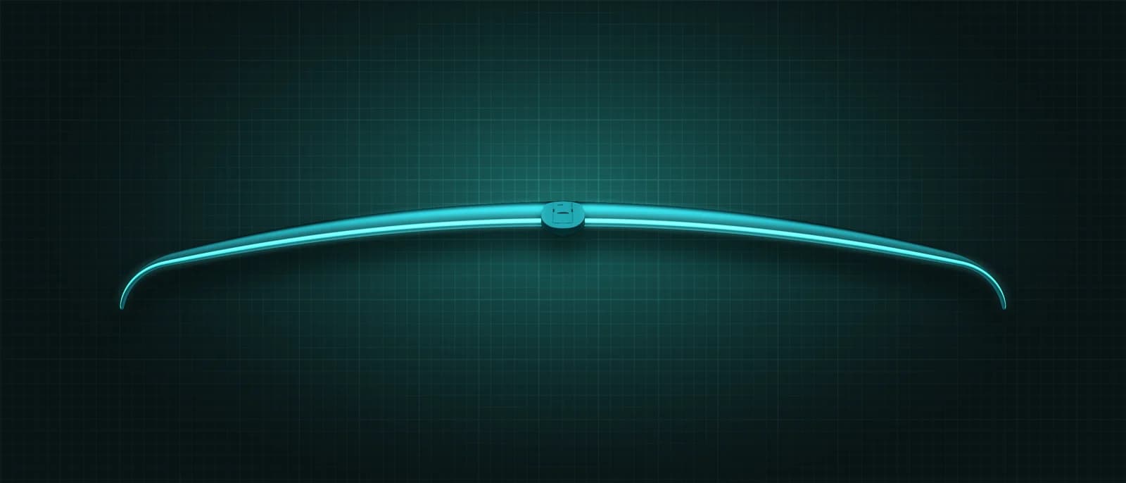 REVSTAR stabilizer drawn as a solid teal form, its leading edge lit in cyan, above a dark grid floor, seen head-on from the leading edge — its thin span edge-on, showing how far the tips droop, with the mount at the centre