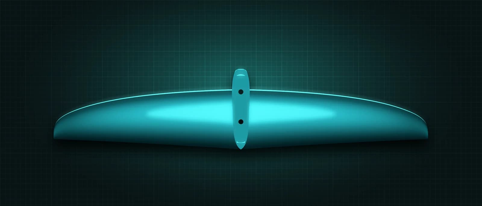 REVSTAR stabilizer drawn as a solid teal form, its leading edge lit in cyan, above a dark grid floor, seen from straight above — its mount and two bolt holes running across the root