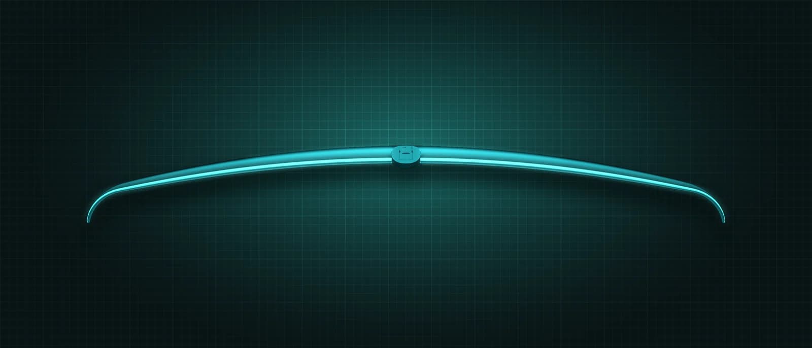 REVSTAR stabilizer drawn as a solid teal form, its leading edge lit in cyan, above a dark grid floor, seen head-on from the leading edge — its thin span edge-on, showing how far the tips droop, with the mount at the centre