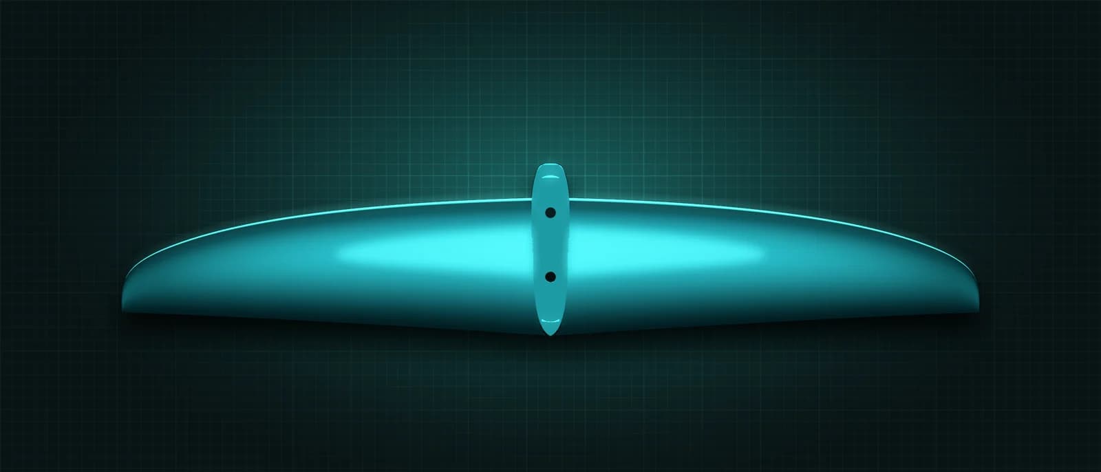 REVSTAR stabilizer drawn as a solid teal form, its leading edge lit in cyan, above a dark grid floor, seen from straight above — its mount and two bolt holes running across the root