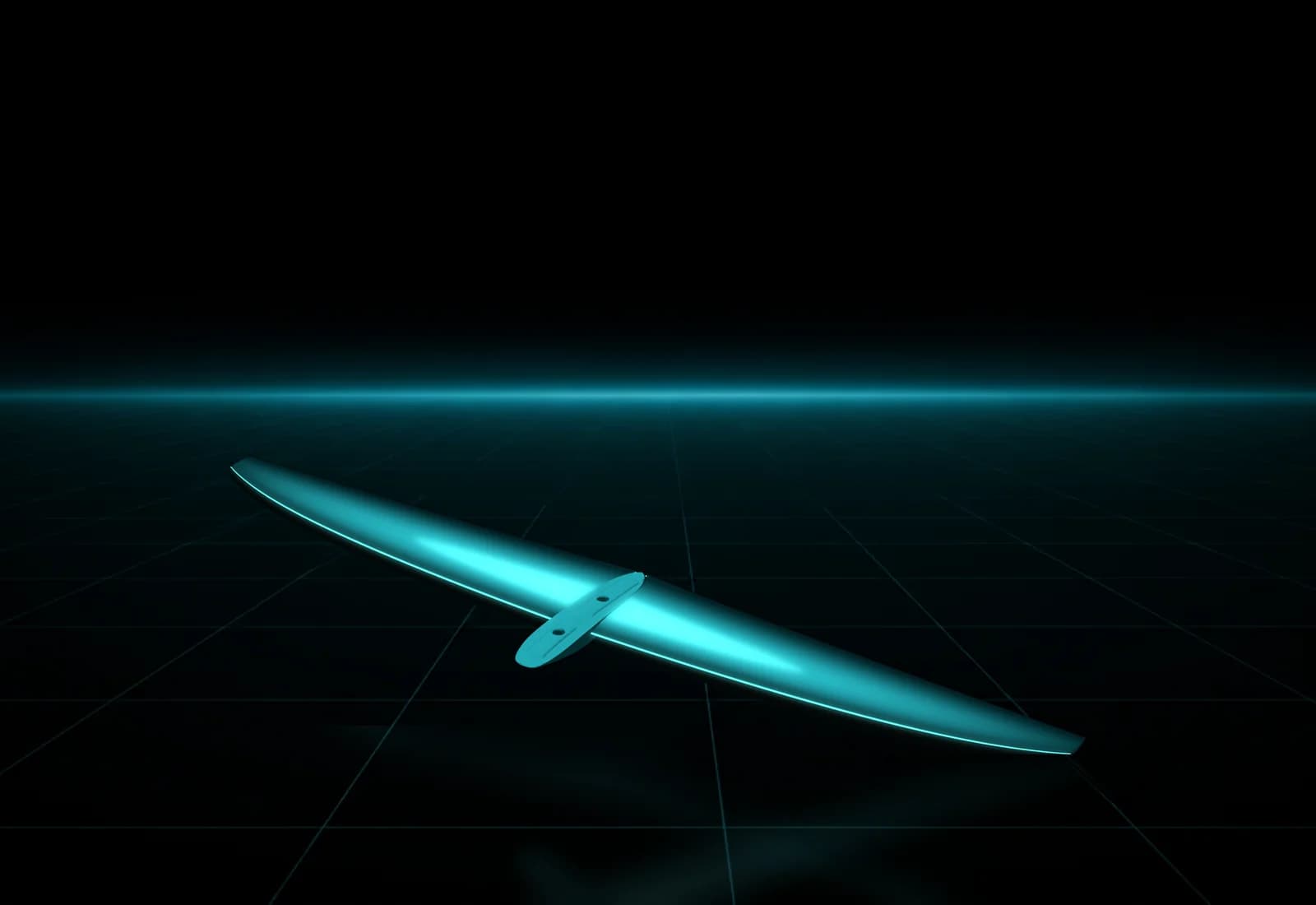 REVSTAR stabilizer drawn as a solid teal form, its leading edge lit in cyan, above a dark grid floor, seen from above and to one side with its mount and two bolt holes at the root and its reflection below