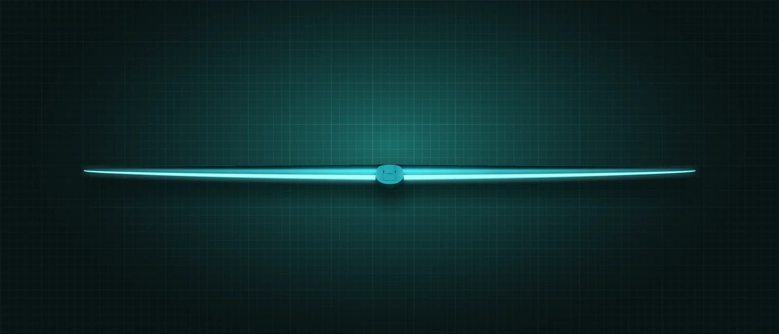 REVSTAR stabilizer drawn as a solid teal form, its leading edge lit in cyan, above a dark grid floor, seen head-on from the leading edge — its thin span edge-on, showing how far the tips droop, with the mount at the centre