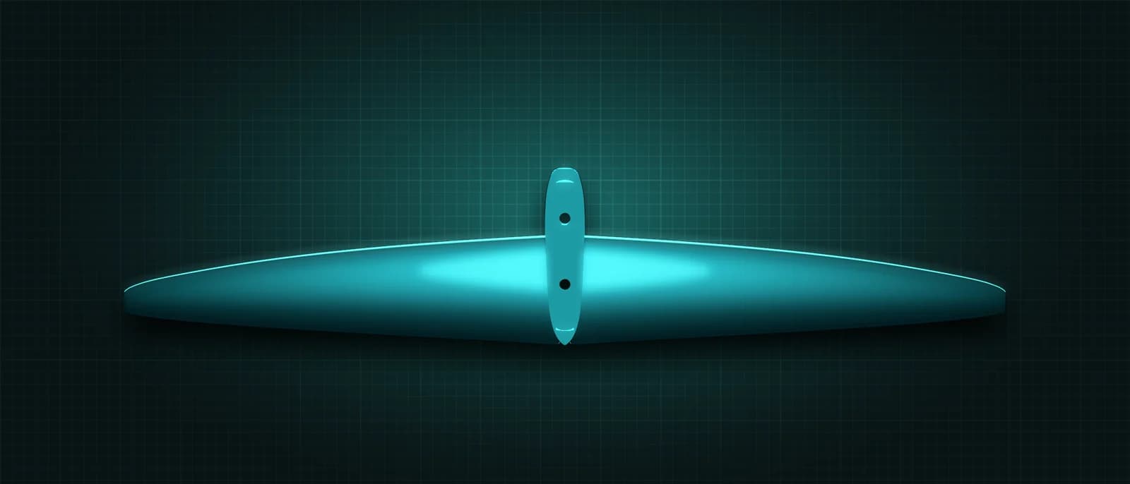 REVSTAR stabilizer drawn as a solid teal form, its leading edge lit in cyan, above a dark grid floor, seen from straight above — its mount and two bolt holes running across the root