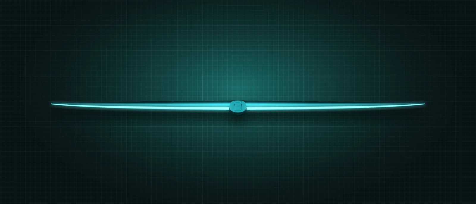 REVSTAR stabilizer drawn as a solid teal form, its leading edge lit in cyan, above a dark grid floor, seen head-on from the leading edge — its thin span edge-on, showing how far the tips droop, with the mount at the centre